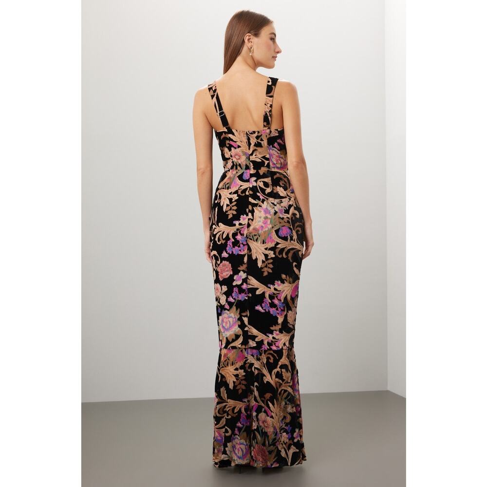 Dress the Population Black Floral Velvet Midi Dress with Pink and Gold Accents - Picture 3 of 16